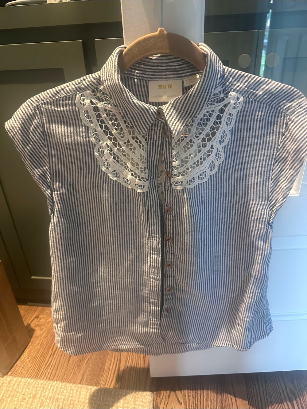 Maeve Blue and White Striped Lace-Collar Button Front Top